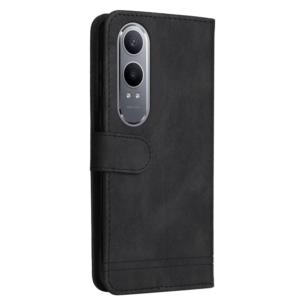 For OnePlus Nord CE4 Lite 5G / Oppo K12x 5G (China) Leather Wallet Cases Skin Touch Phone Cover Stand with Strap - Black - 7