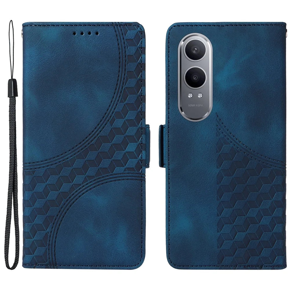 For OnePlus Nord CE4 Lite 5G / Oppo K12x 5G (China) Leather Cases Wallet Rhombus Imprinted Phone Cover Stand with Strap -  Blue - 1