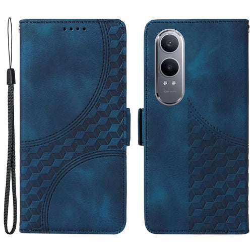 For OnePlus Nord CE4 Lite 5G / Oppo K12x 5G (China) Leather Cases Wallet Rhombus Imprinted Phone Cover Stand with Strap -  Blue - 1