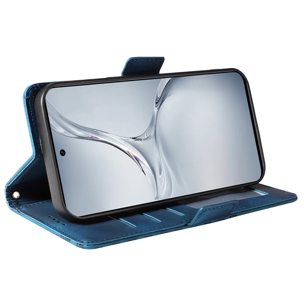 For OnePlus Nord CE4 Lite 5G / Oppo K12x 5G (China) Leather Cases Wallet Rhombus Imprinted Phone Cover Stand with Strap -  Blue - 3