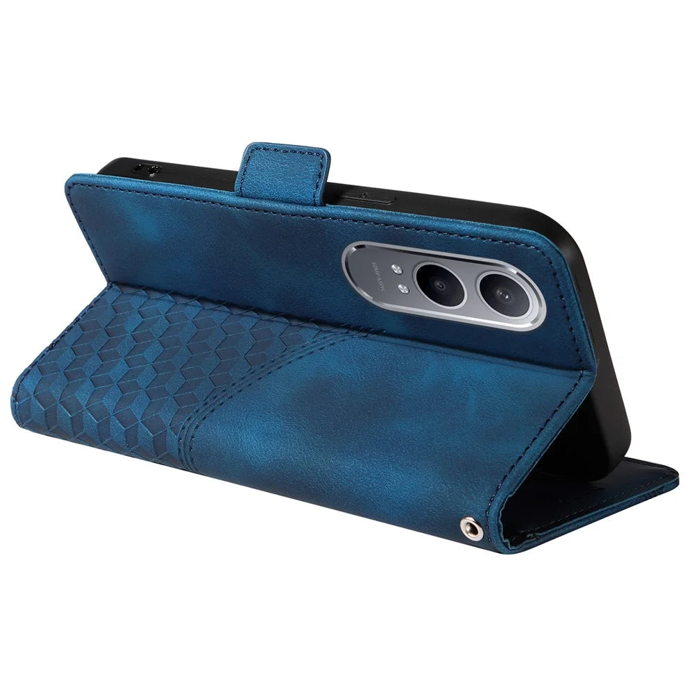 For OnePlus Nord CE4 Lite 5G / Oppo K12x 5G (China) Leather Cases Wallet Rhombus Imprinted Phone Cover Stand with Strap -  Blue - 4