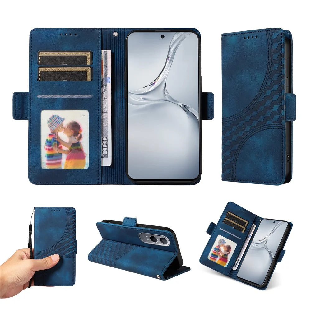 For OnePlus Nord CE4 Lite 5G / Oppo K12x 5G (China) Leather Cases Wallet Rhombus Imprinted Phone Cover Stand with Strap -  Blue - 6