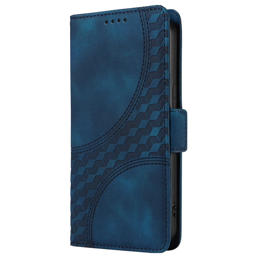 For OnePlus Nord CE4 Lite 5G / Oppo K12x 5G (China) Leather Cases Wallet Rhombus Imprinted Phone Cover Stand with Strap -  Blue - 7