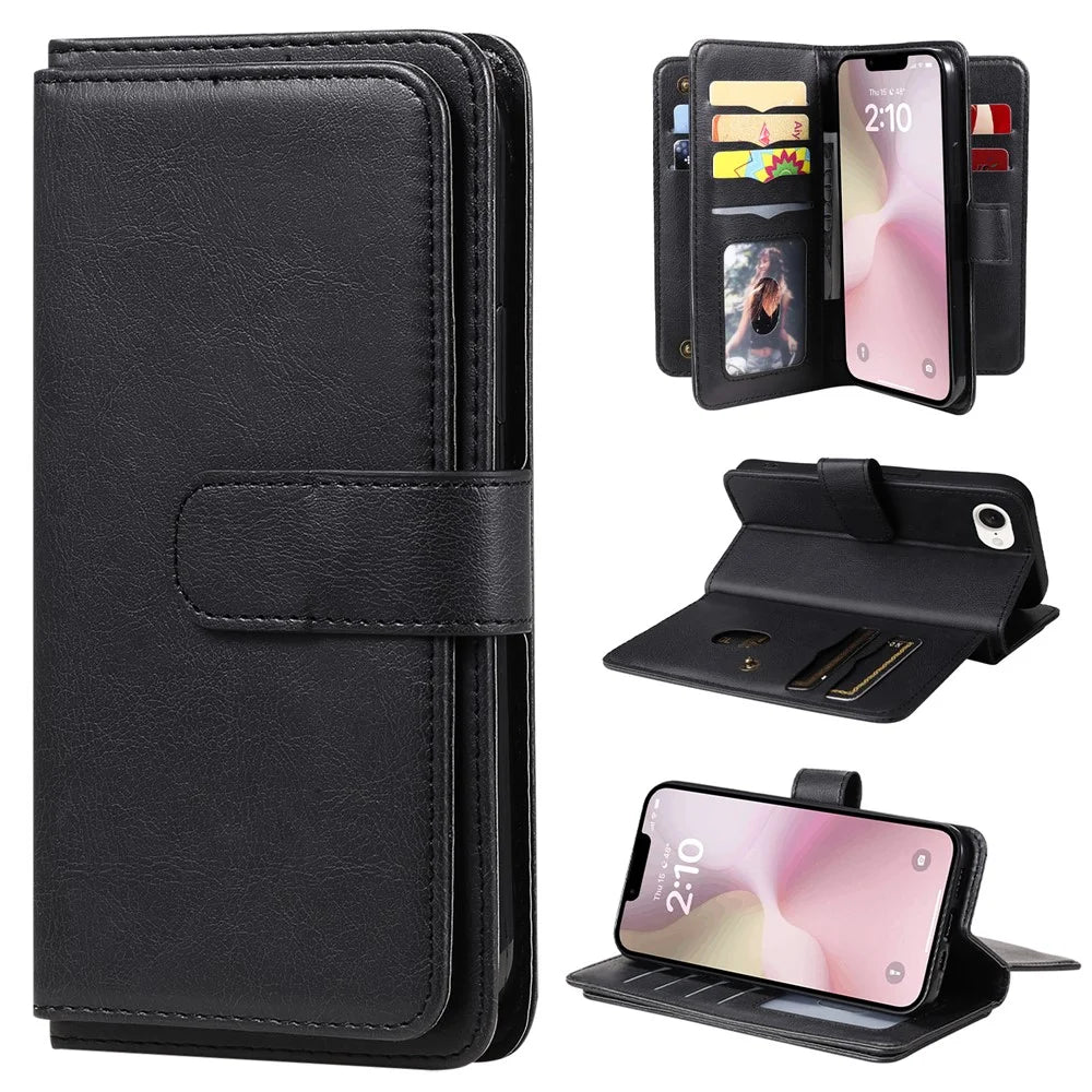 For iPhone 17e / 16e Leather Case with 10 Card Holder Phone Cover Stand - Black - 1