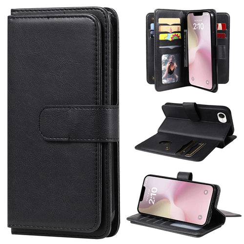 For iPhone 17e / 16e Leather Case with 10 Card Holder Phone Cover Stand - Black - 1
