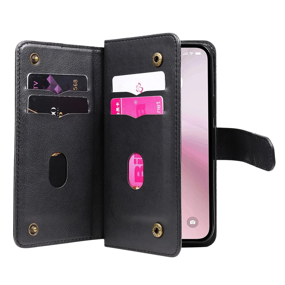 For iPhone 17e / 16e Leather Case with 10 Card Holder Phone Cover Stand - Black - 3