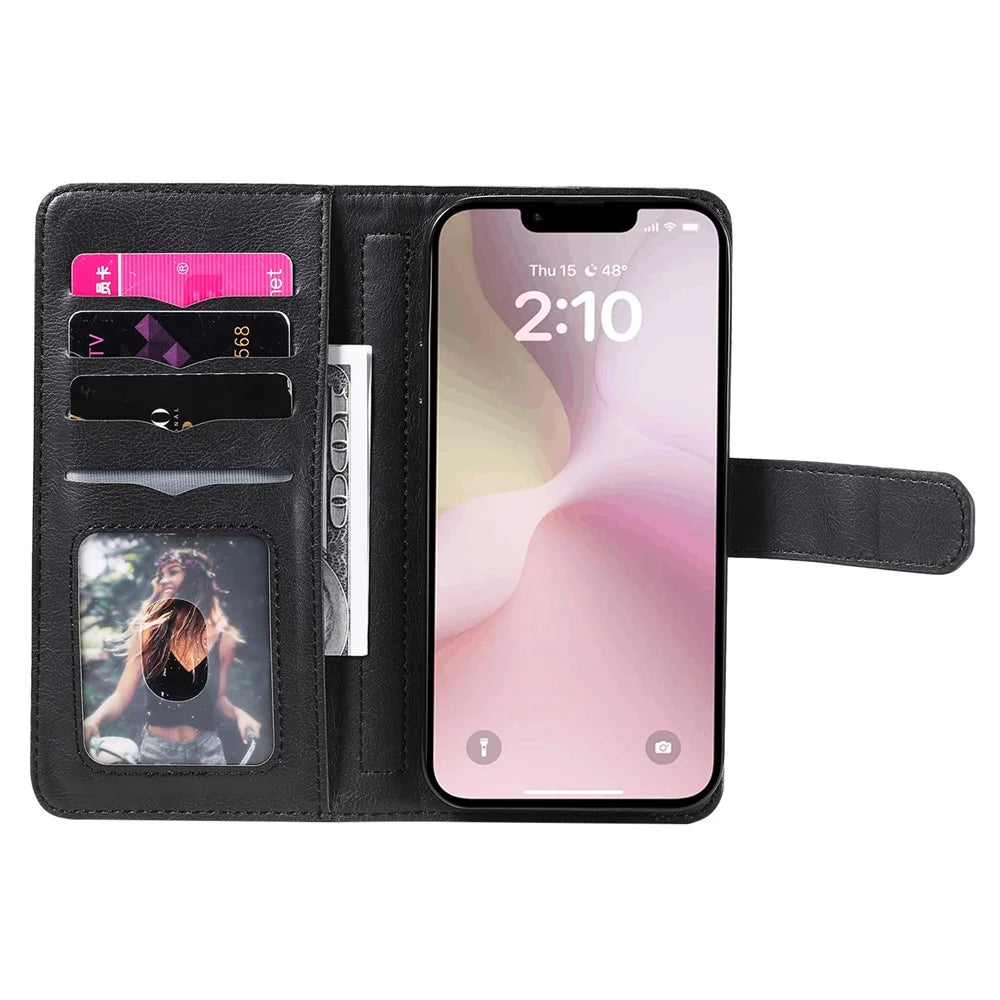 For iPhone 17e / 16e Leather Case with 10 Card Holder Phone Cover Stand - Black - 4