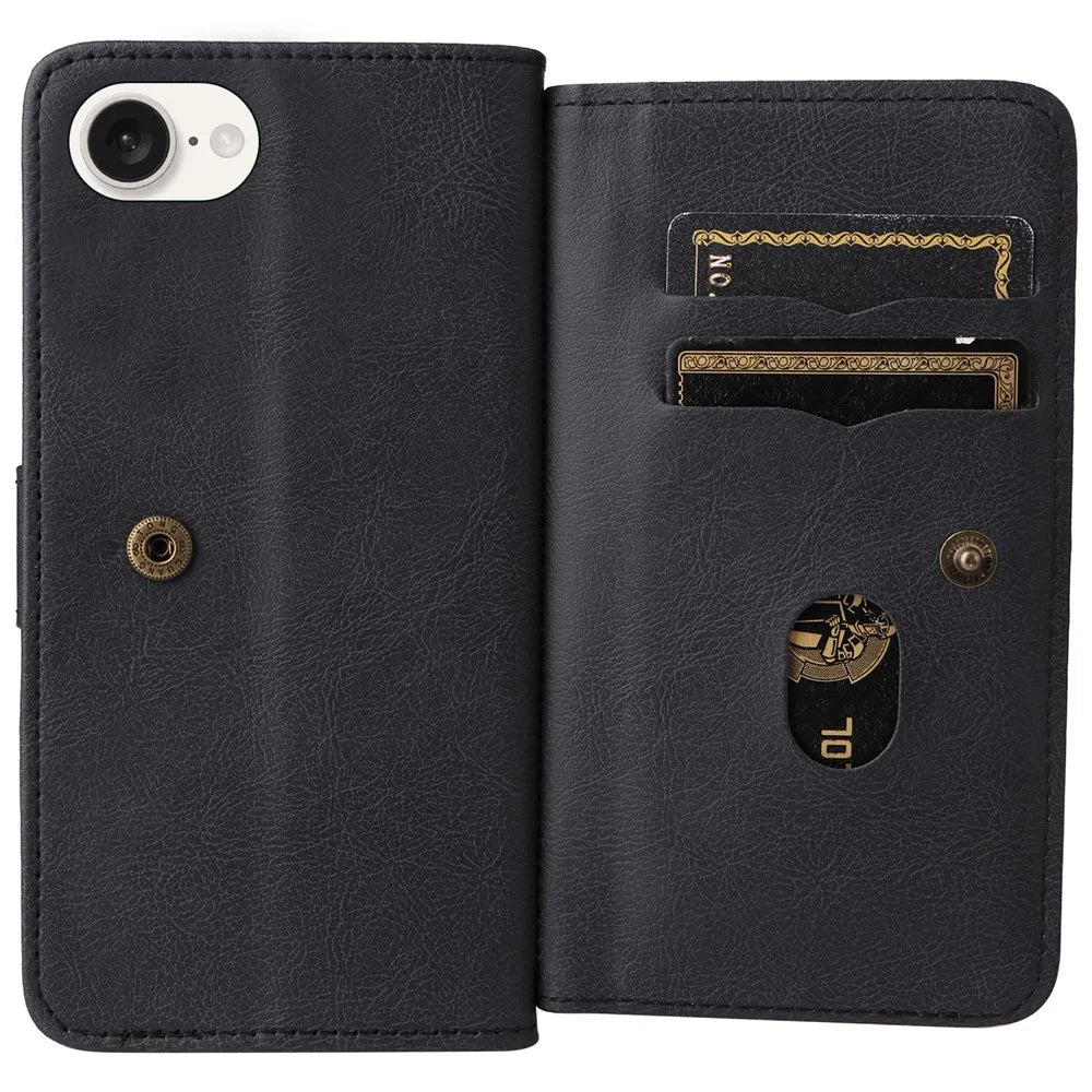 For iPhone 17e / 16e Leather Case with 10 Card Holder Phone Cover Stand - Black - 5