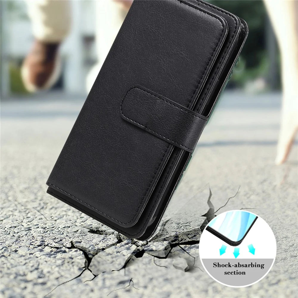 For iPhone 17e / 16e Leather Case with 10 Card Holder Phone Cover Stand - Black - 7