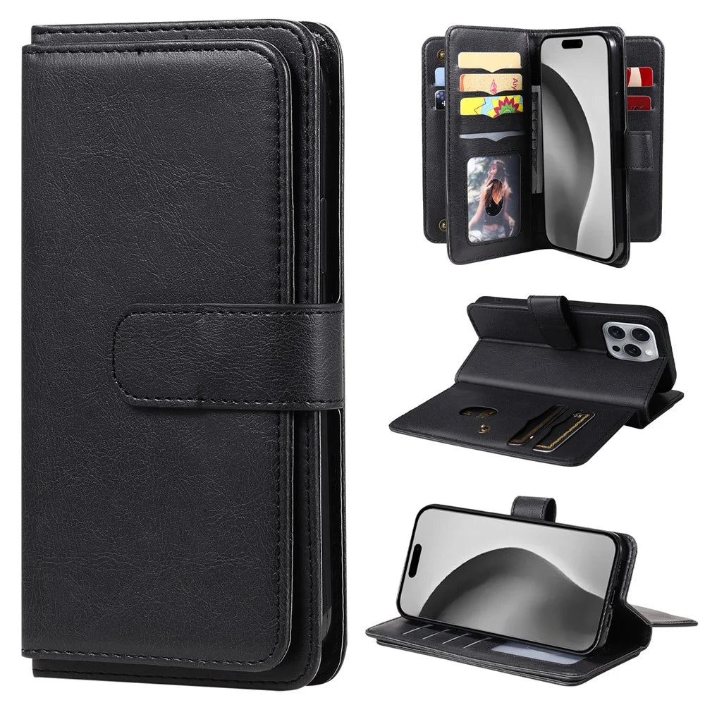 For iPhone 16 Pro Max Leather Case with 10 Card Holder Phone Cover Stand - Black - 1