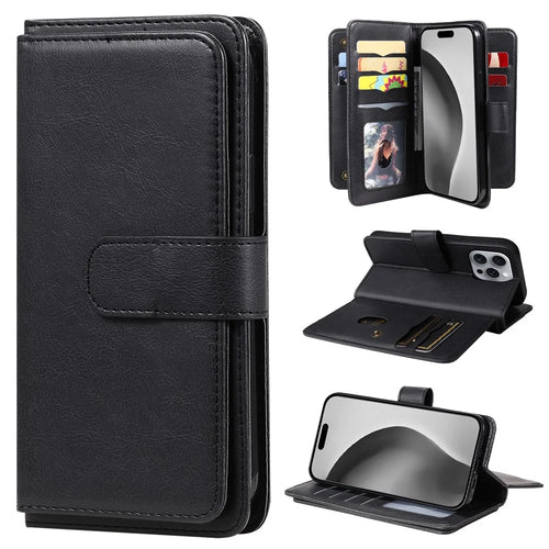 For iPhone 16 Pro Max Leather Case with 10 Card Holder Phone Cover Stand - Black - 1