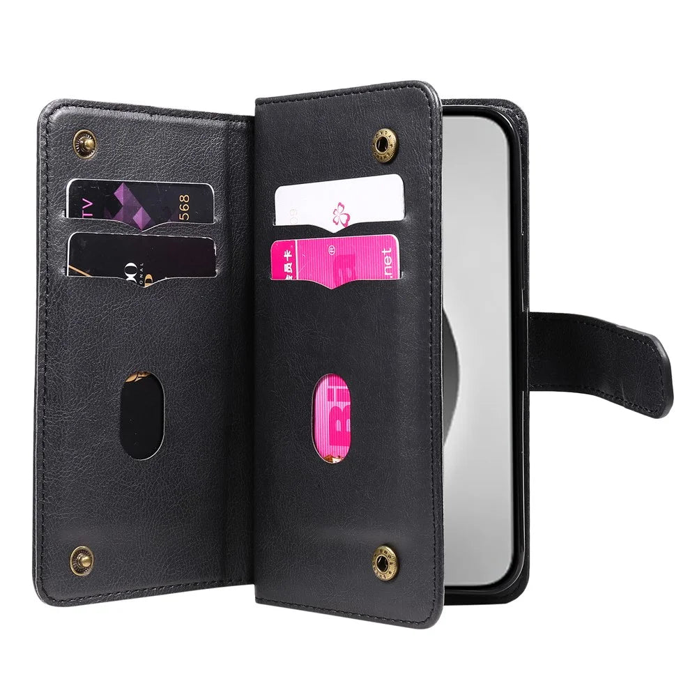 For iPhone 16 Pro Max Leather Case with 10 Card Holder Phone Cover Stand - Black - 3