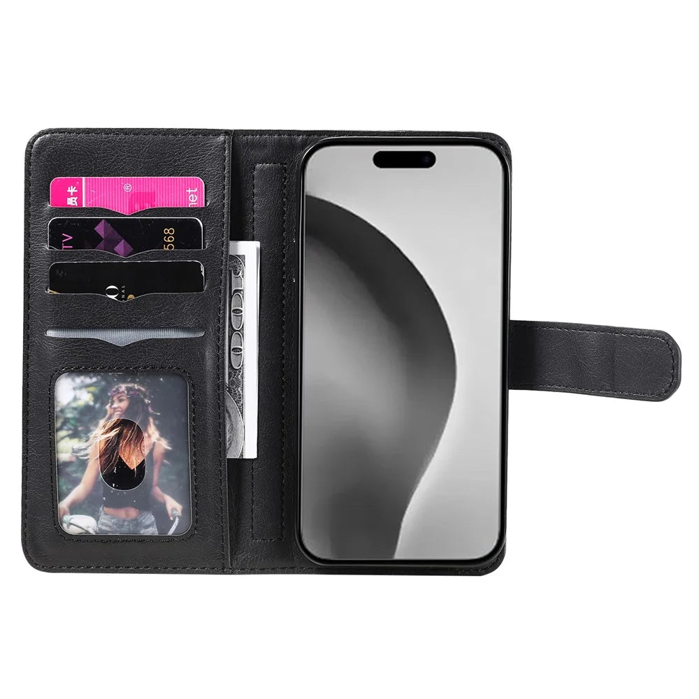 For iPhone 16 Pro Max Leather Case with 10 Card Holder Phone Cover Stand - Black - 4