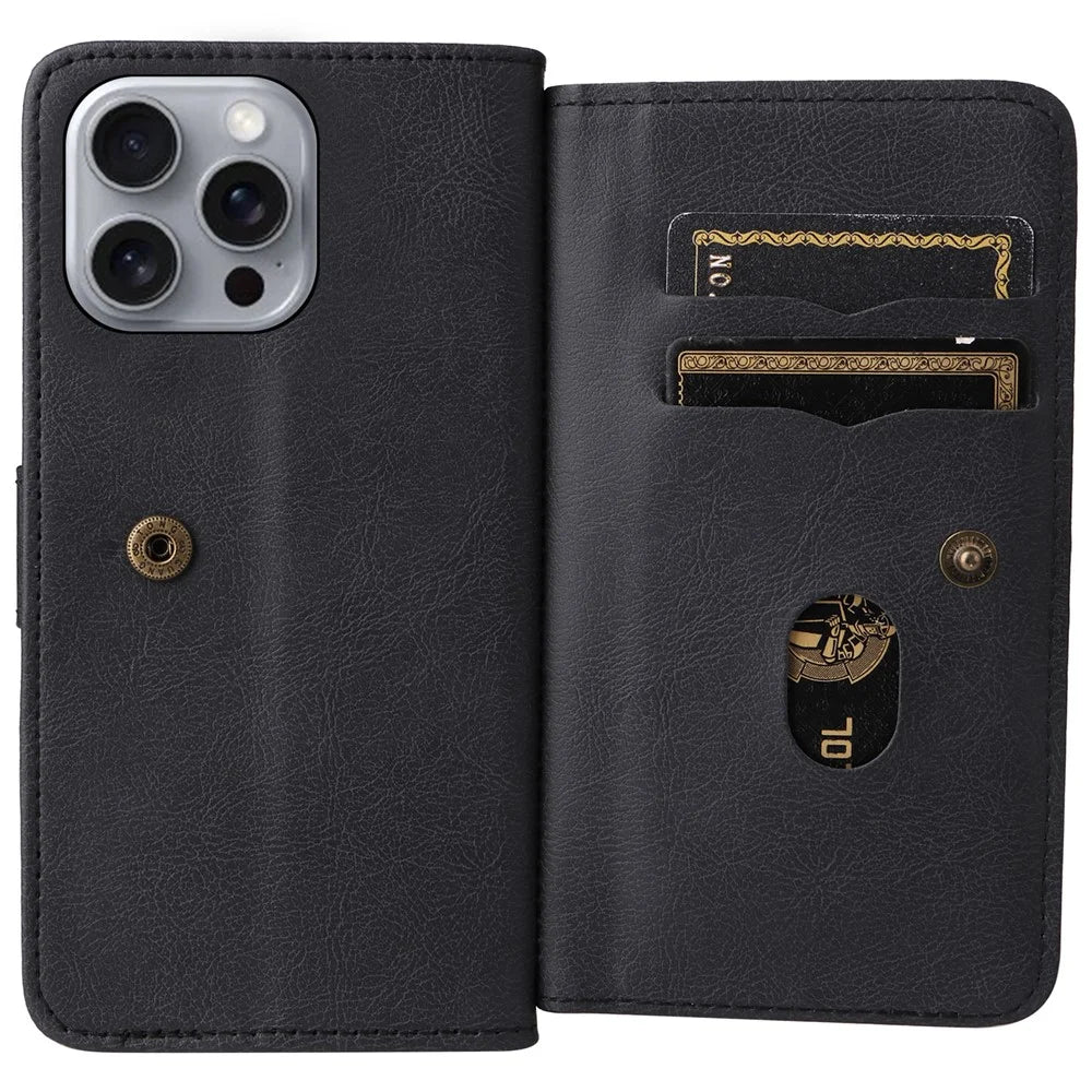 For iPhone 16 Pro Max Leather Case with 10 Card Holder Phone Cover Stand - Black - 5