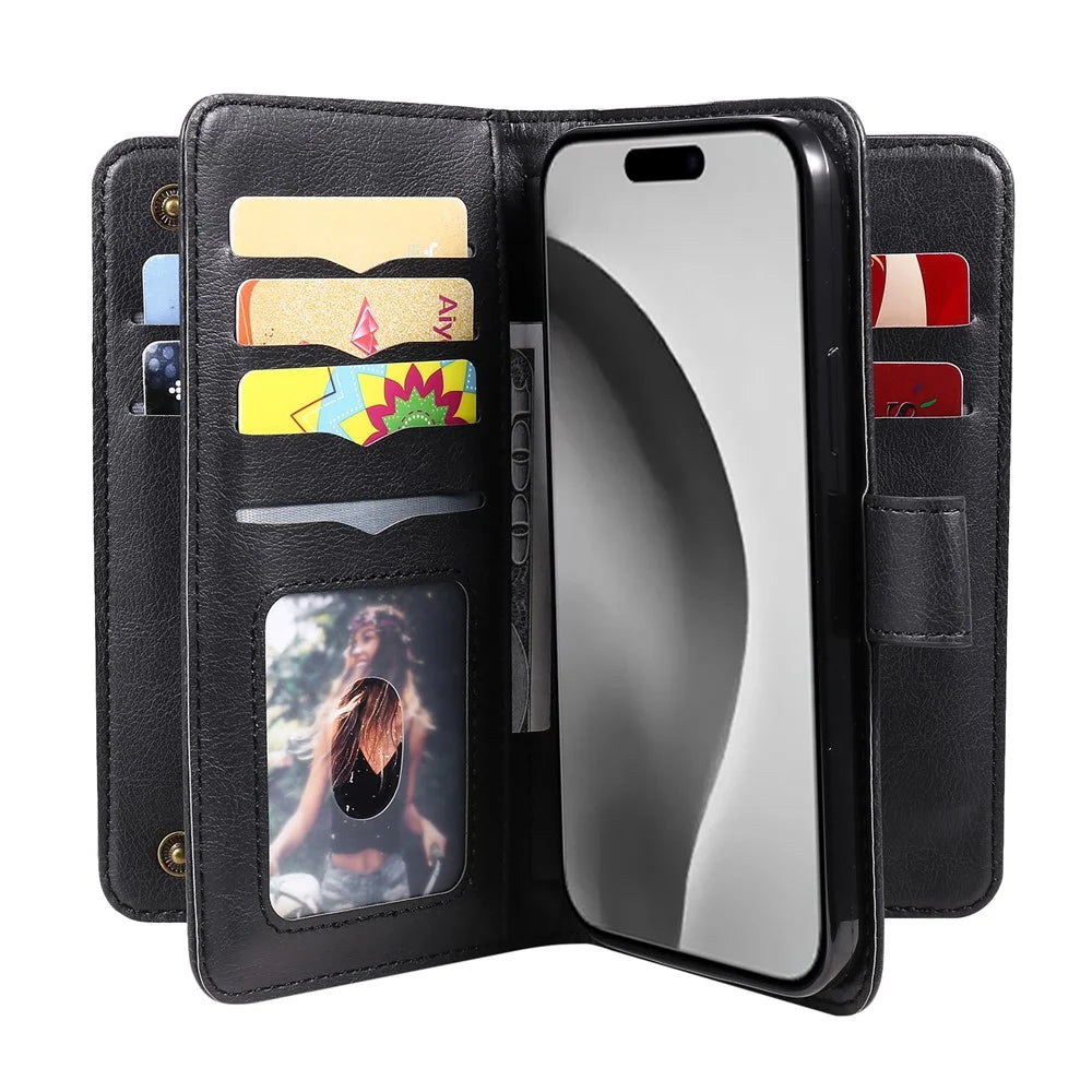 For iPhone 16 Pro Max Leather Case with 10 Card Holder Phone Cover Stand - Black - 6