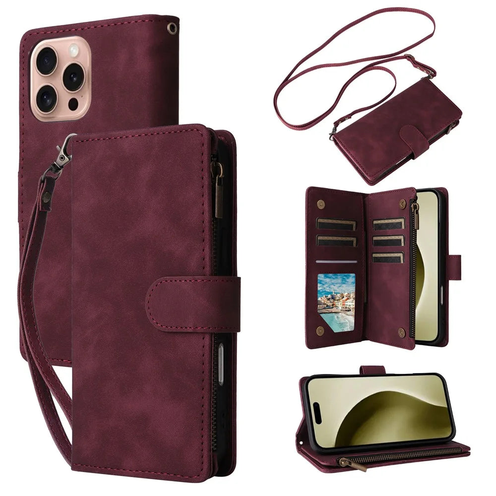 For iPhone 16 Pro Case Zipper Multi-Pocket Wallet Leather Phone Cover with Shoulder and Wrist Straps - Wine Red - 1