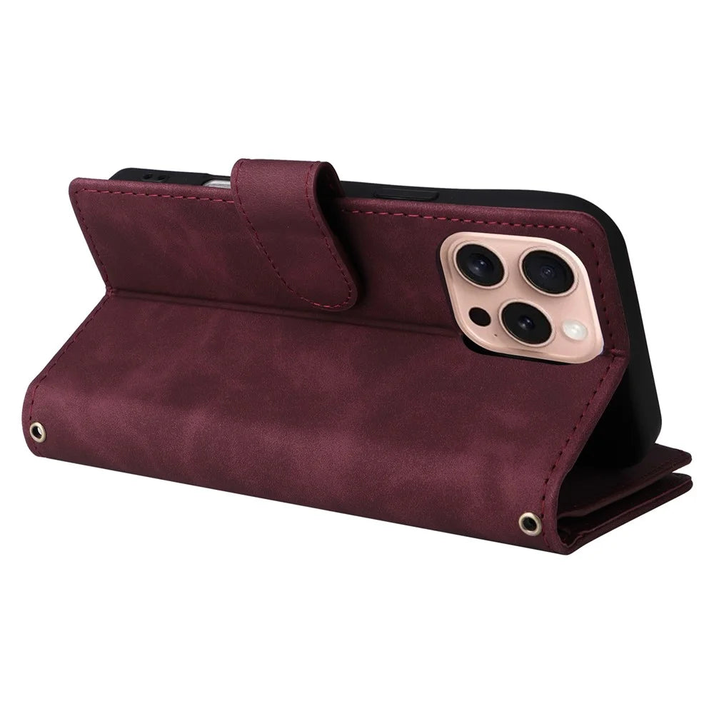 For iPhone 16 Pro Case Zipper Multi-Pocket Wallet Leather Phone Cover with Shoulder and Wrist Straps - Wine Red - 5