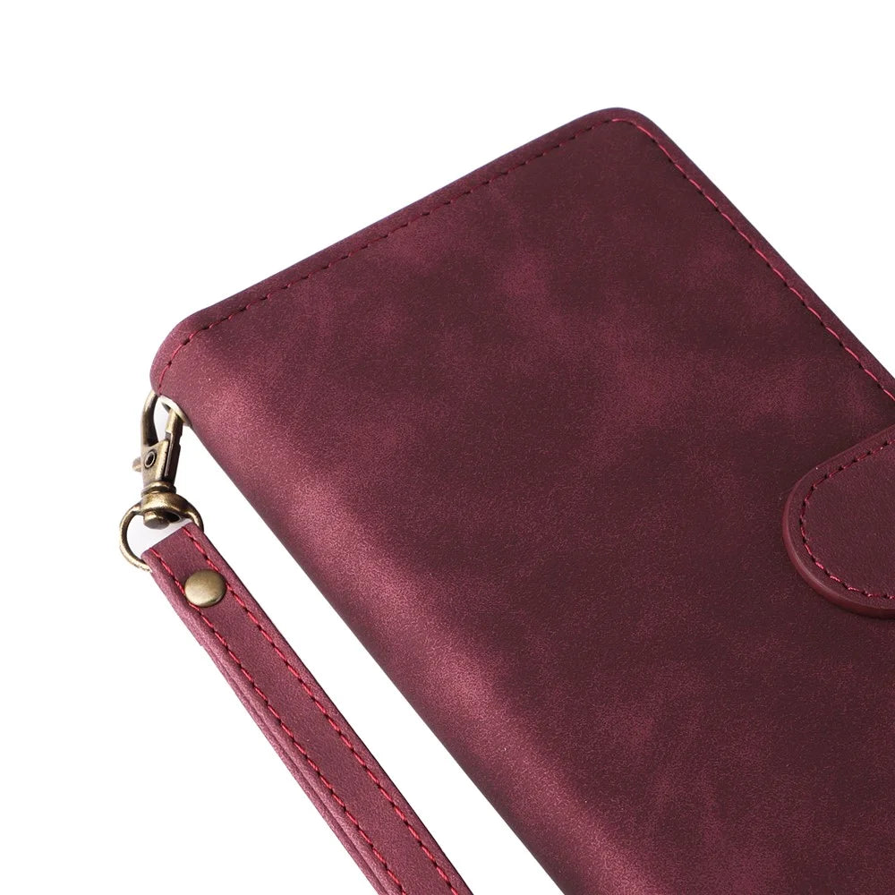 For iPhone 16 Pro Case Zipper Multi-Pocket Wallet Leather Phone Cover with Shoulder and Wrist Straps - Wine Red - 7