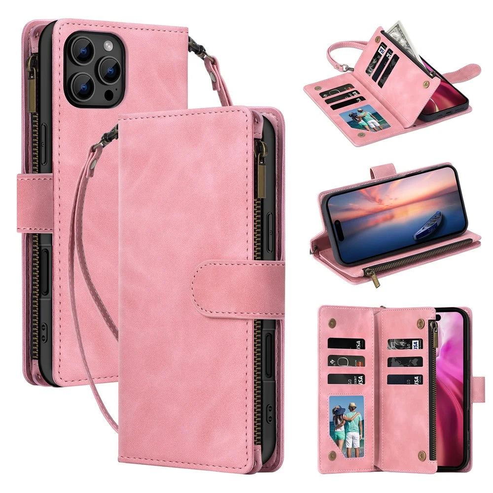 For iPhone 16 Pro Max Case Zipper Multi-Pocket Wallet Leather Phone Cover with Shoulder and Wrist Straps - Pink - 1