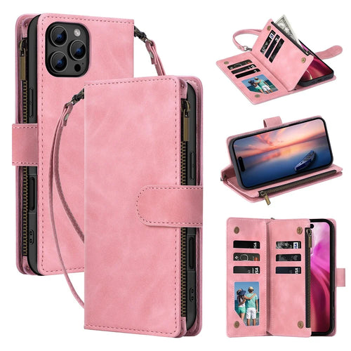 For iPhone 16 Pro Max Case Zipper Multi-Pocket Wallet Leather Phone Cover with Shoulder and Wrist Straps - Pink - 1