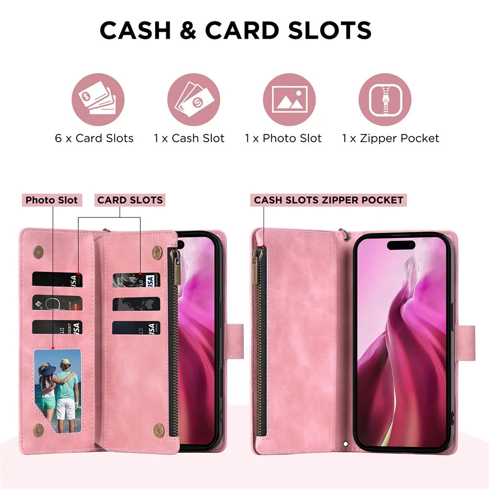 For iPhone 16 Pro Max Case Zipper Multi-Pocket Wallet Leather Phone Cover with Shoulder and Wrist Straps - Pink - 2