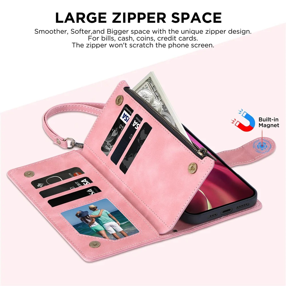 For iPhone 16 Pro Max Case Zipper Multi-Pocket Wallet Leather Phone Cover with Shoulder and Wrist Straps - Pink - 3
