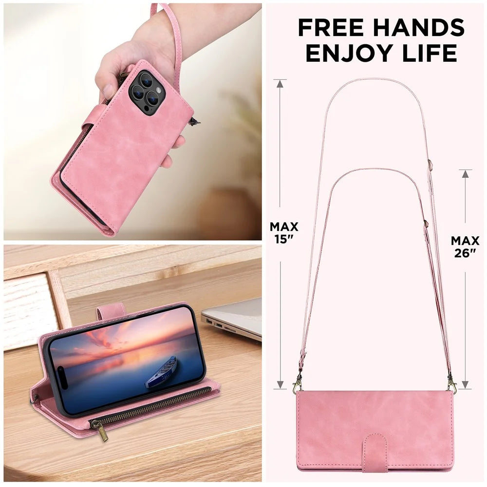 For iPhone 16 Pro Max Case Zipper Multi-Pocket Wallet Leather Phone Cover with Shoulder and Wrist Straps - Pink - 4