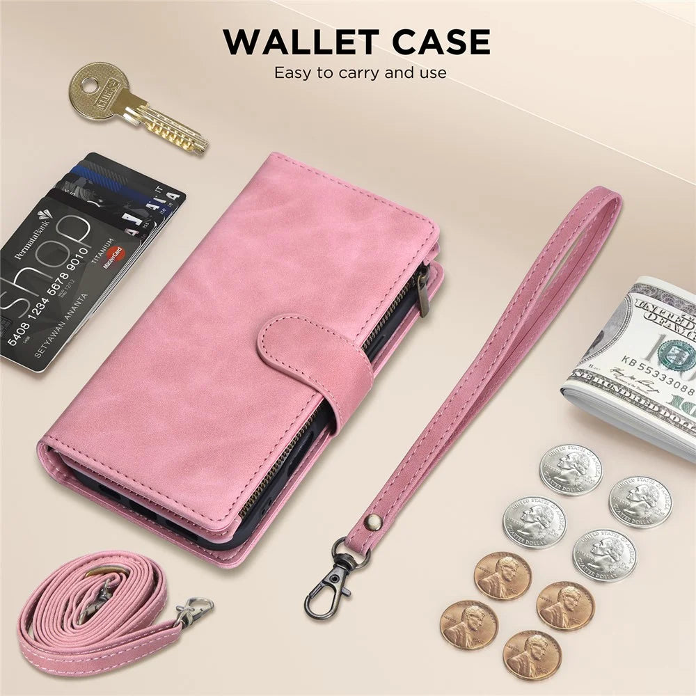 For iPhone 16 Pro Max Case Zipper Multi-Pocket Wallet Leather Phone Cover with Shoulder and Wrist Straps - Pink - 5