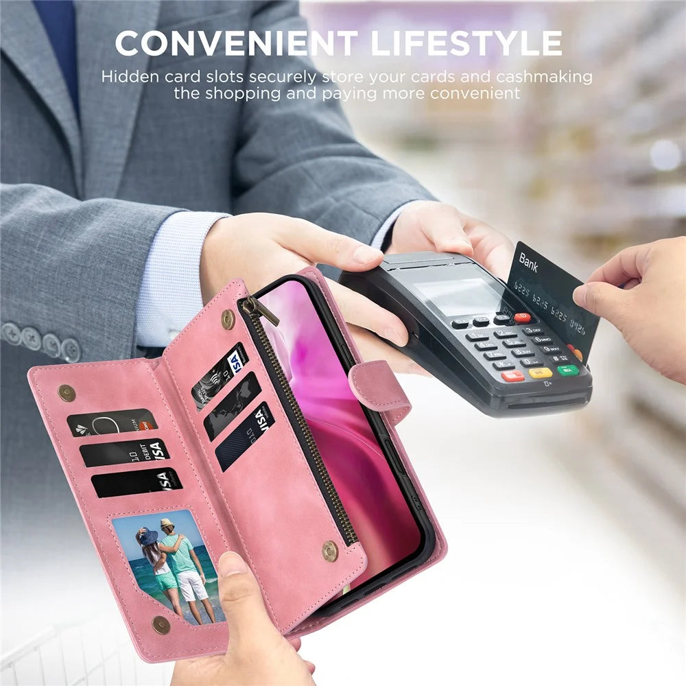 For iPhone 16 Pro Max Case Zipper Multi-Pocket Wallet Leather Phone Cover with Shoulder and Wrist Straps - Pink - 6