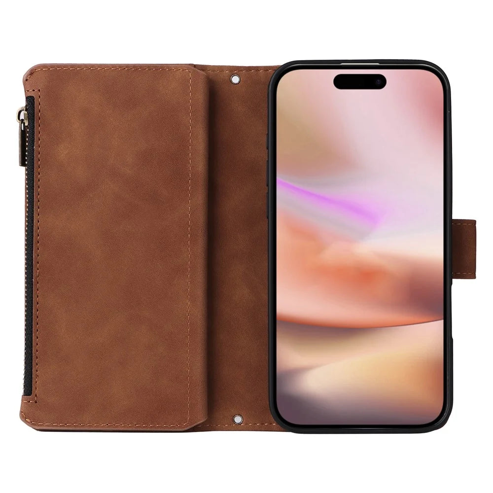 For iPhone 16 Plus Case Zipper Multi-Pocket Wallet Leather Phone Cover with Shoulder and Wrist Straps - Brown - 2
