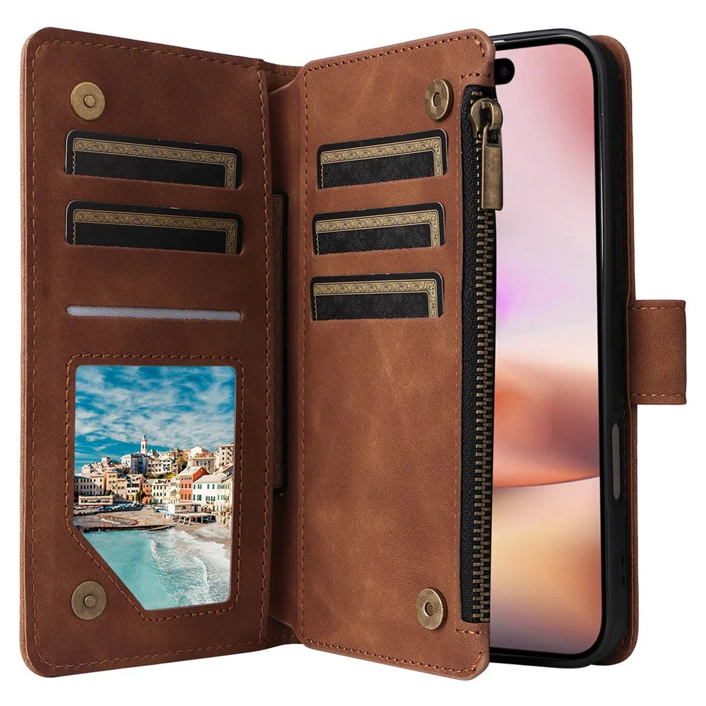 For iPhone 16 Plus Case Zipper Multi-Pocket Wallet Leather Phone Cover with Shoulder and Wrist Straps - Brown - 3