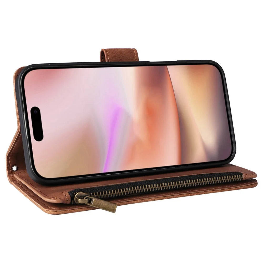 For iPhone 16 Plus Case Zipper Multi-Pocket Wallet Leather Phone Cover with Shoulder and Wrist Straps - Brown - 4