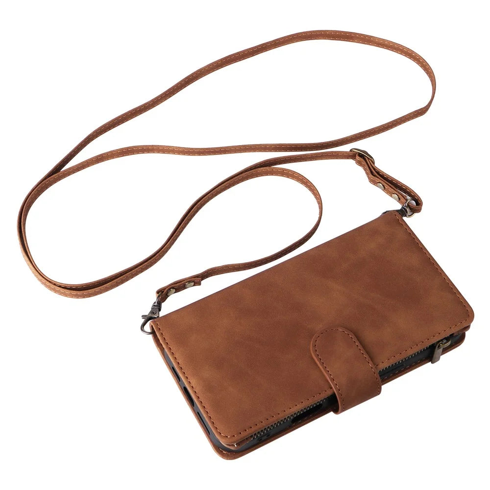 For iPhone 16 Plus Case Zipper Multi-Pocket Wallet Leather Phone Cover with Shoulder and Wrist Straps - Brown - 6