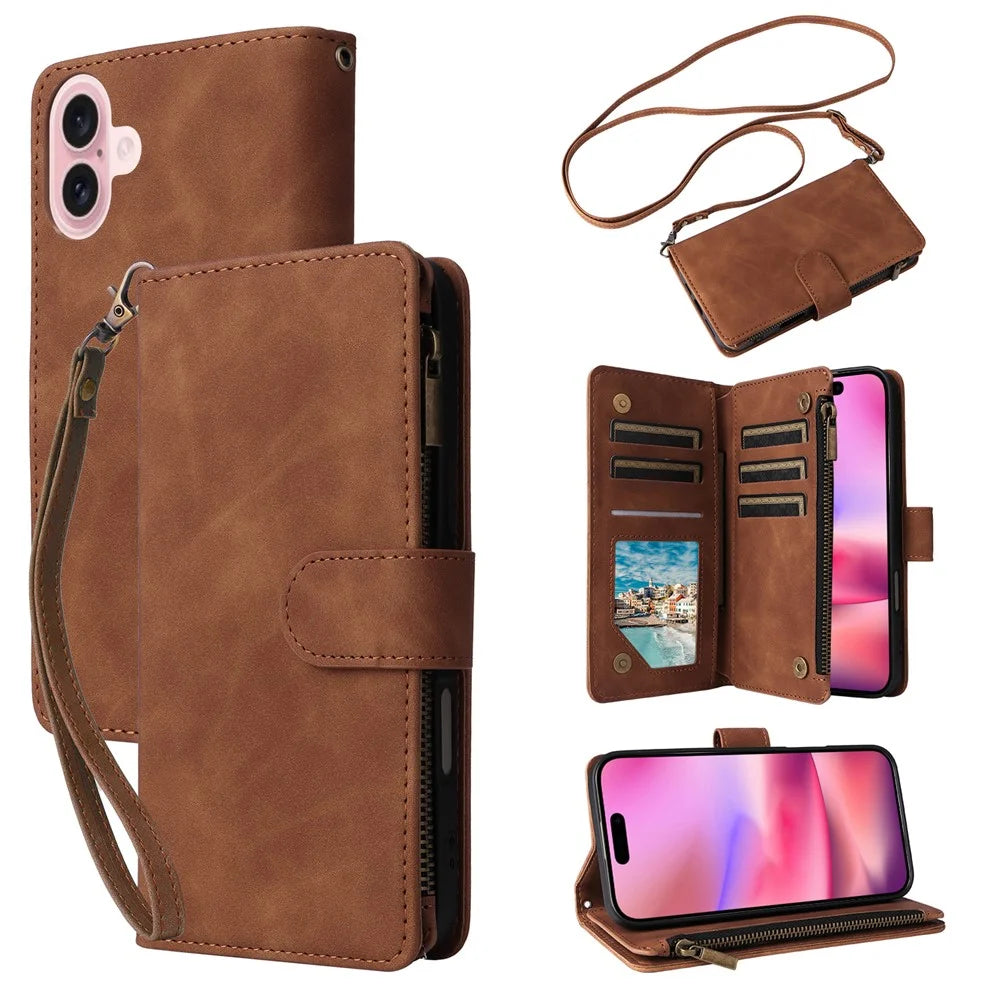 For iPhone 16 Case Zipper Multi-Pocket Wallet Leather Phone Cover with Shoulder and Wrist Straps - Brown - 1