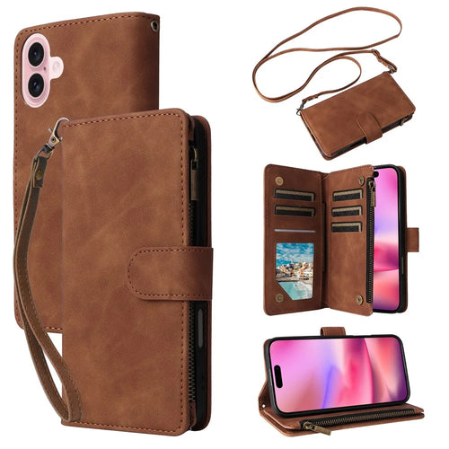 For iPhone 16 Case Zipper Multi-Pocket Wallet Leather Phone Cover with Shoulder and Wrist Straps - Brown - 1