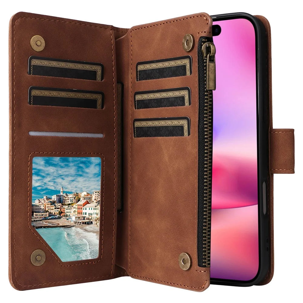 For iPhone 16 Case Zipper Multi-Pocket Wallet Leather Phone Cover with Shoulder and Wrist Straps - Brown - 3
