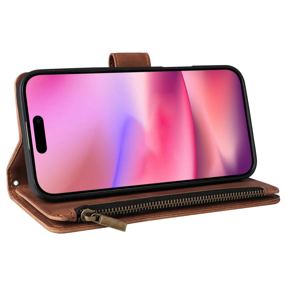 For iPhone 16 Case Zipper Multi-Pocket Wallet Leather Phone Cover with Shoulder and Wrist Straps - Brown - 4