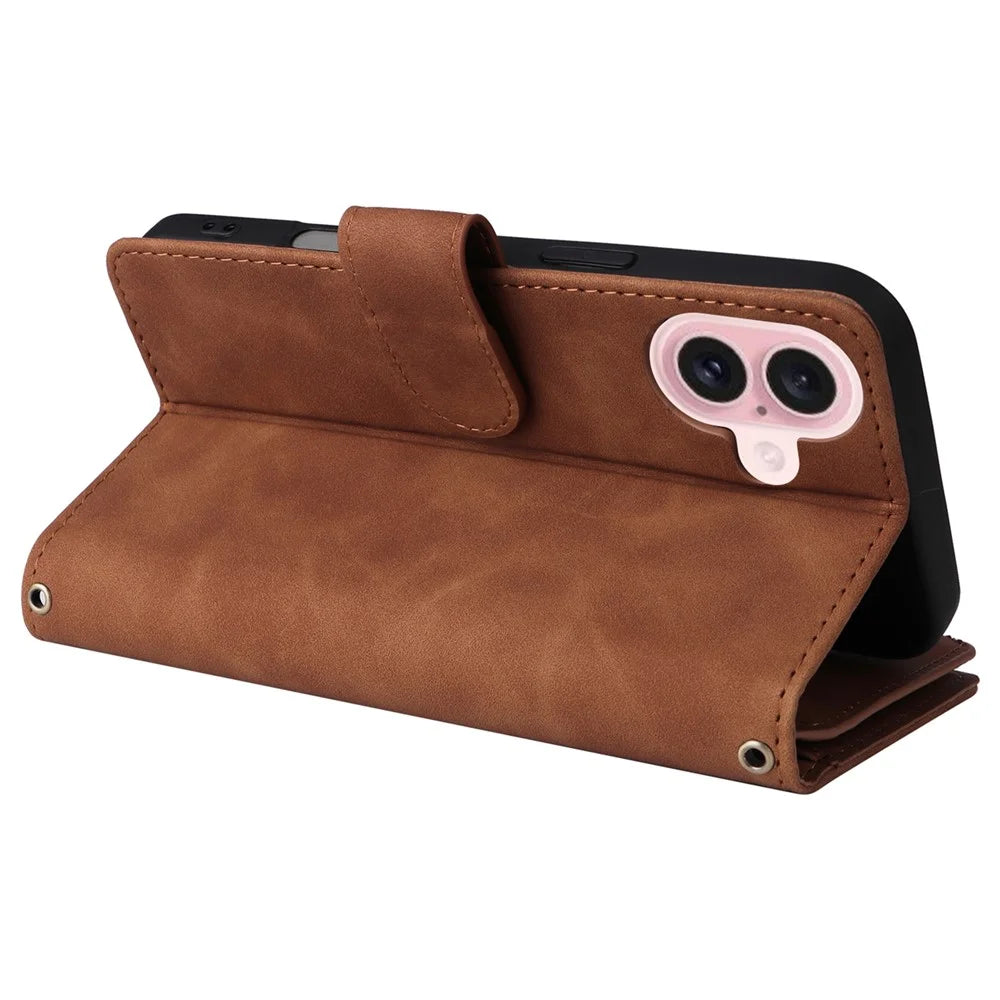 For iPhone 16 Case Zipper Multi-Pocket Wallet Leather Phone Cover with Shoulder and Wrist Straps - Brown - 5