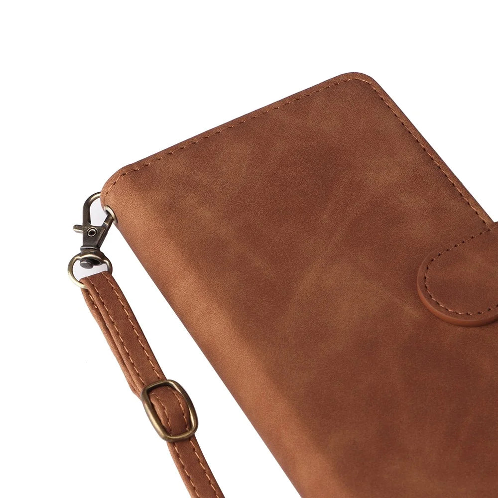 For iPhone 16 Case Zipper Multi-Pocket Wallet Leather Phone Cover with Shoulder and Wrist Straps - Brown - 7