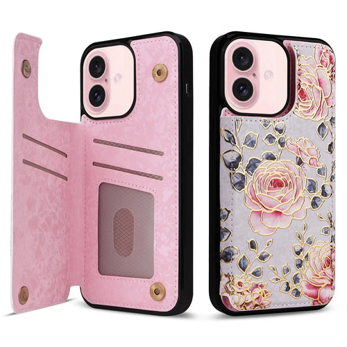 For iPhone 16 Case Flower Leather+TPU Phone Cover RFID Blocking Card Slots - Rose - 1