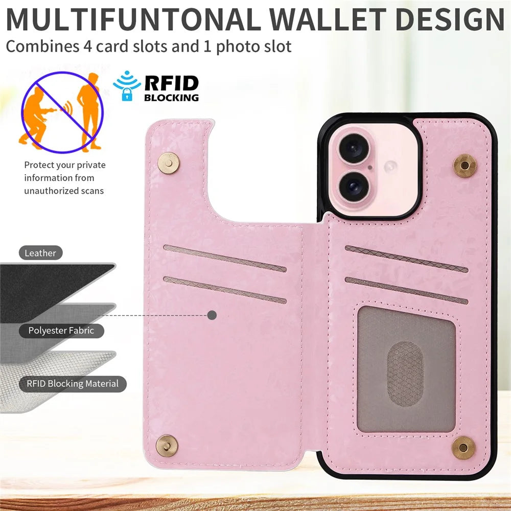 For iPhone 16 Case Flower Leather+TPU Phone Cover RFID Blocking Card Slots - Rose - 2