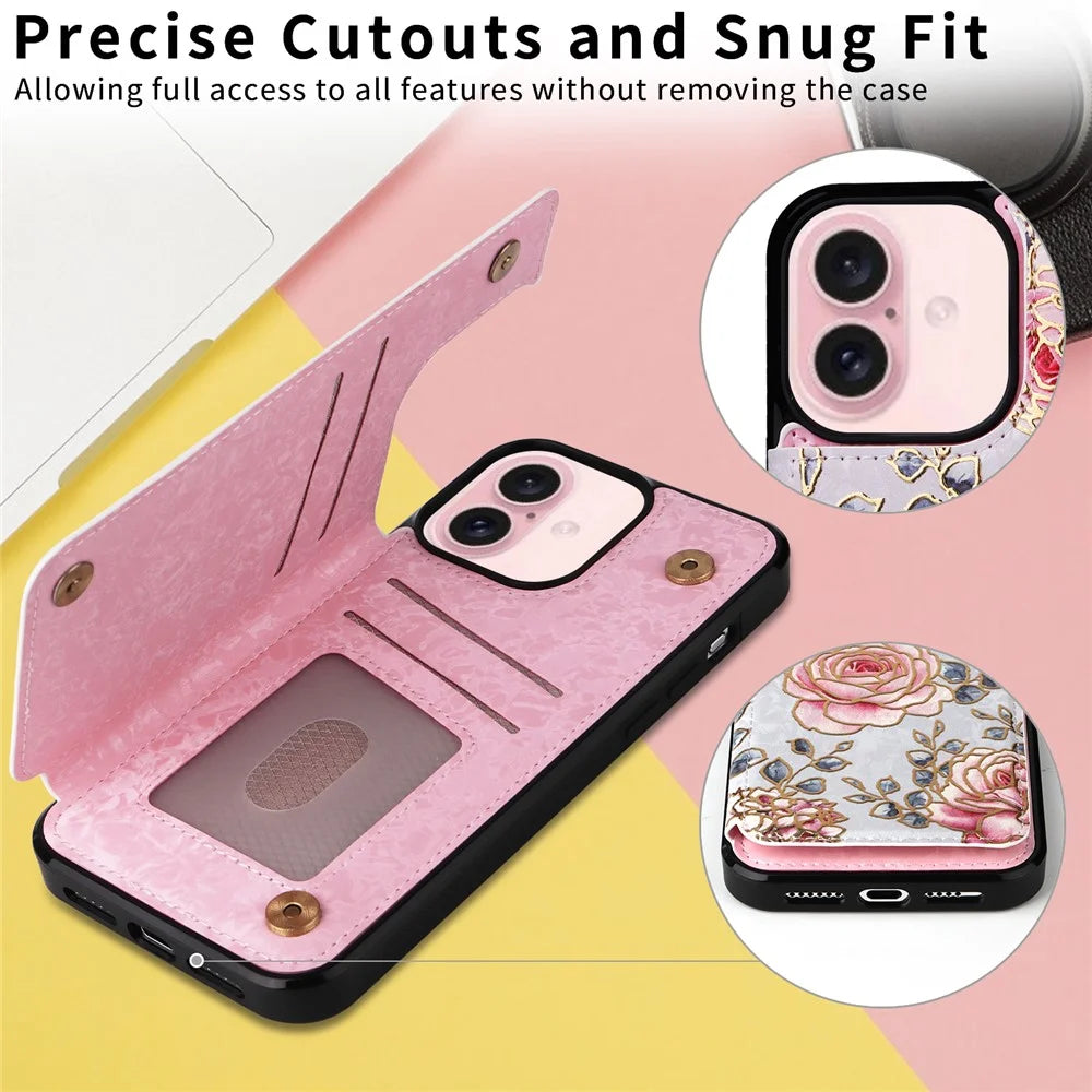 For iPhone 16 Case Flower Leather+TPU Phone Cover RFID Blocking Card Slots - Rose - 4