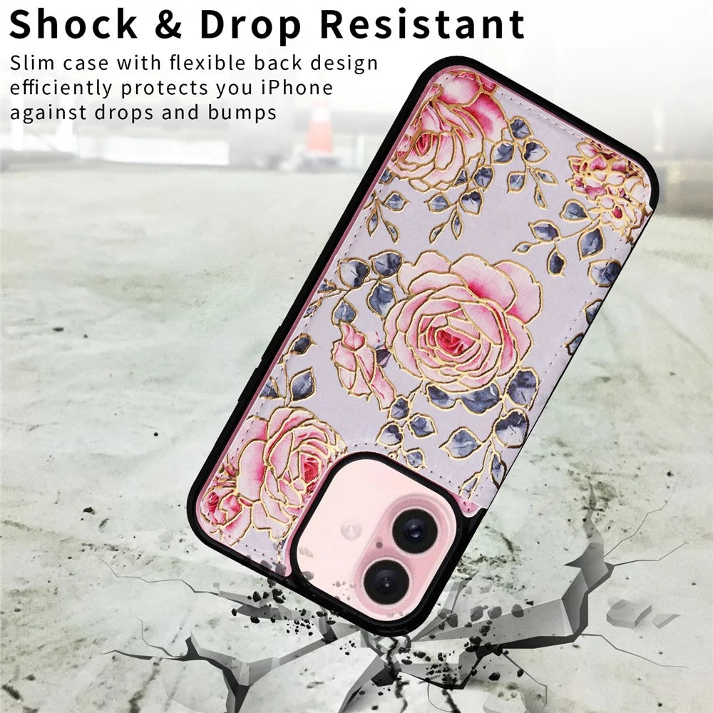 For iPhone 16 Case Flower Leather+TPU Phone Cover RFID Blocking Card Slots - Rose - 6