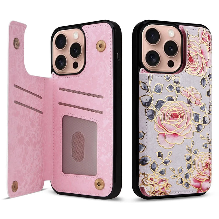 For iPhone 16 Pro Case Flower Leather+TPU RFID Blocking Card Slots Phone Cover - Rose - 1