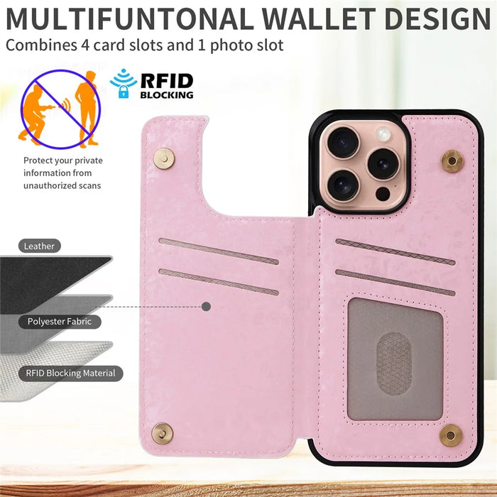 For iPhone 16 Pro Case Flower Leather+TPU RFID Blocking Card Slots Phone Cover - Rose - 2