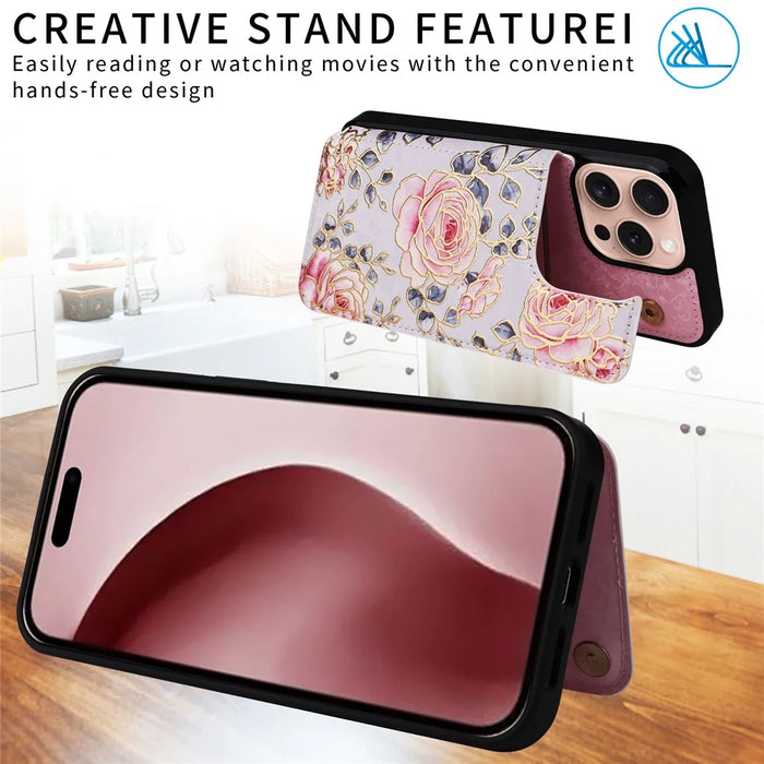 For iPhone 16 Pro Case Flower Leather+TPU RFID Blocking Card Slots Phone Cover - Rose - 3