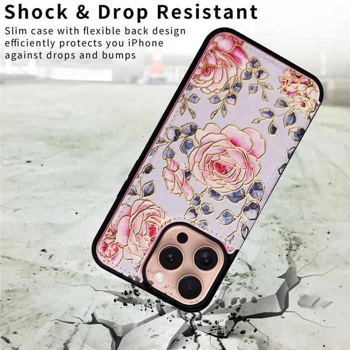 For iPhone 16 Pro Case Flower Leather+TPU RFID Blocking Card Slots Phone Cover - Rose - 6