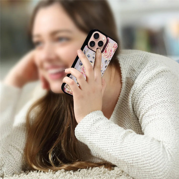 For iPhone 16 Pro Case Flower Leather+TPU RFID Blocking Card Slots Phone Cover - Rose - 7