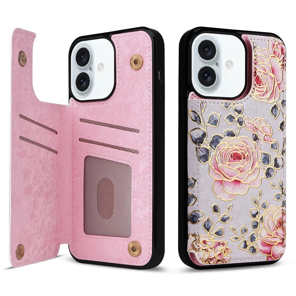For iPhone 16 Plus Card Slots Case Flower Leather+TPU Phone Cover RFID Blocking - Rose - 1