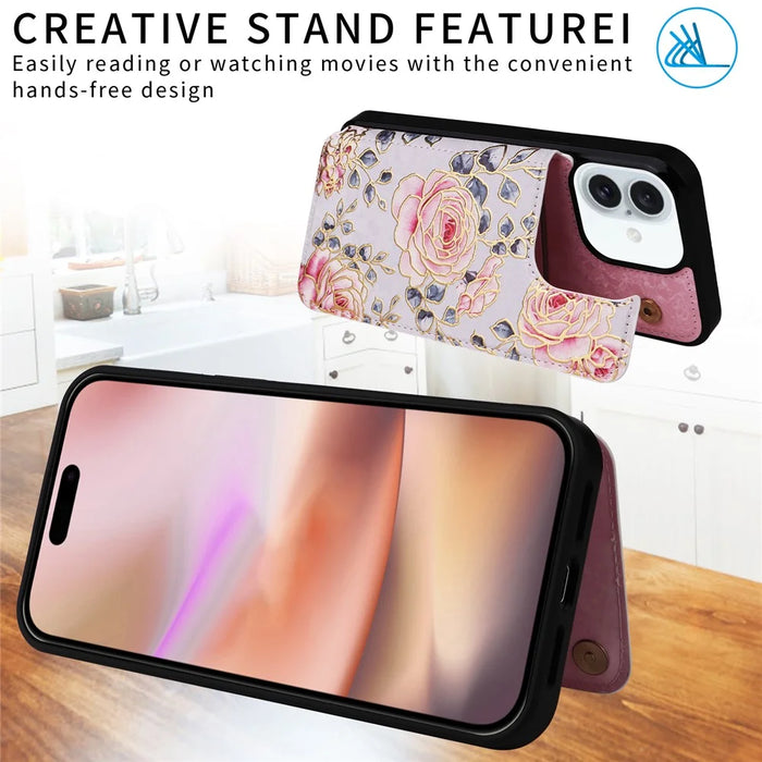 For iPhone 16 Plus Card Slots Case Flower Leather+TPU Phone Cover RFID Blocking - Rose - 3